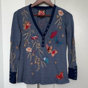 Johnny Was Blue Embroidered Butterfly Floral Long Sleeve Tee